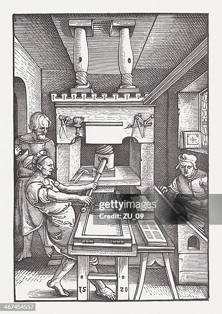 printing press, 1520, wood engraving, published in 1879 - printing industry stock illustrations