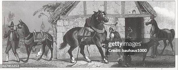 working horses engraving - shire horse stock illustrations