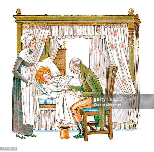 regency style doctor tending a sick child - four poster bed stock illustrations