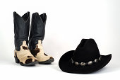 Cow Hide Cowboy Boots and Hat with Concho Hatband.