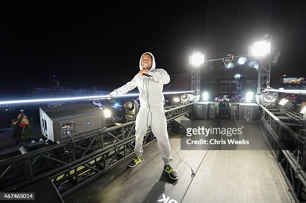 Recording artist Kendrick Lamar performs at #GETPUMPED live event. Reebok And Kendrick Lamar Take Over The Streets Of Hollywood, Fusing Fitness And...