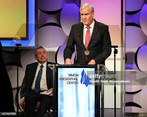 Canadian parliamentarian sergeant-at-arms Kevin Vickers accepts the Simon Wiesenthal Center Medal of Valor onstage at the Simon Wiesenthal Center...