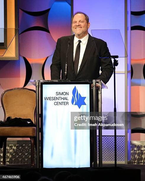 Producer Harvey Weinstein accepts the Humanitarian Award onstage at the Simon Wiesenthal Center 2015 National Tribute Dinner at The Beverly Hilton...