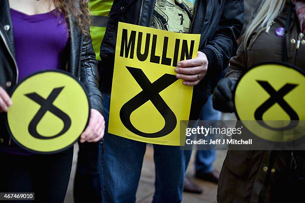 Candidate Roger Mullin, opens a general election campaign shop in the constituency of former prime minister Gordon Brown on March 24, 2015 in...