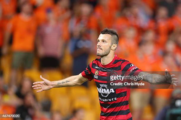 Nikita Rukavytsya of the Wanderers celebrates a goal during the round 21 A-League match between Brisbane Roar and the Western Sydney Wanderers at...