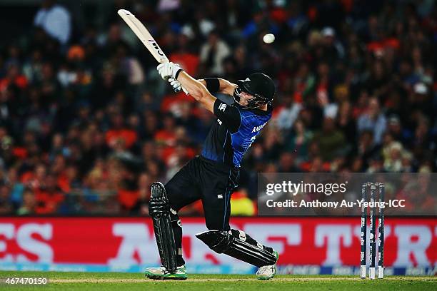 Corey Anderson of New Zealand bats during the 2015 Cricket World Cup Semi Final match between New Zealand and South Africa at Eden Park on March 24,...