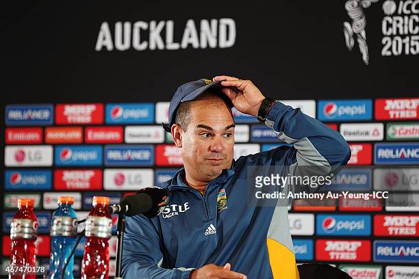 Head Coach Russell Domingo of South Africa fronts the media at the press conference after the 2015 Cricket World Cup Semi Final match between New...