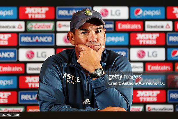 Head Coach Russell Domingo of South Africa fronts the media at the press conference after the 2015 Cricket World Cup Semi Final match between New...