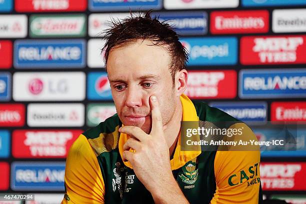 De Villiers of South Africa fronts the media at the press conference after the 2015 Cricket World Cup Semi Final match between New Zealand and South...