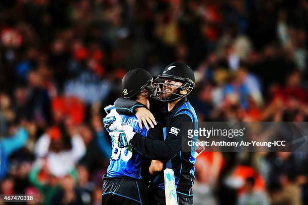 Grant Elliott and Daniel Vettori of New Zealand celebrate winning the 2015 Cricket World Cup Semi Final match between New Zealand and South Africa at...