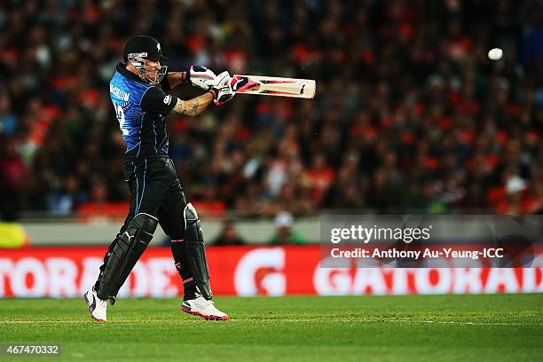 Brendon McCullum of New Zealand bats during the 2015 Cricket World Cup Semi Final match between New Zealand and South Africa at Eden Park on March...