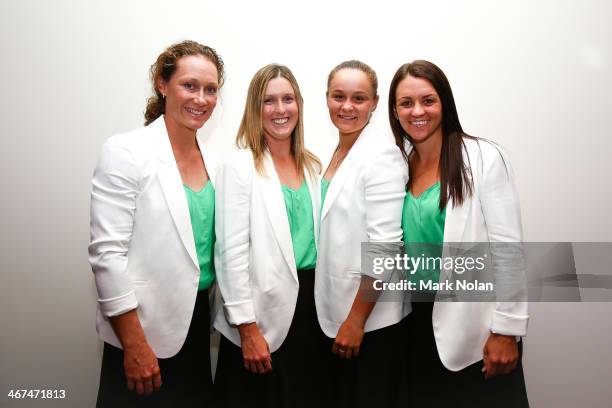 Samantha Stosur, Storm Sanders, Ashleigh Barty and Casey Dellacqua of Australia pose for a photo during the official dinner ahead of the Fed Cup Tie...