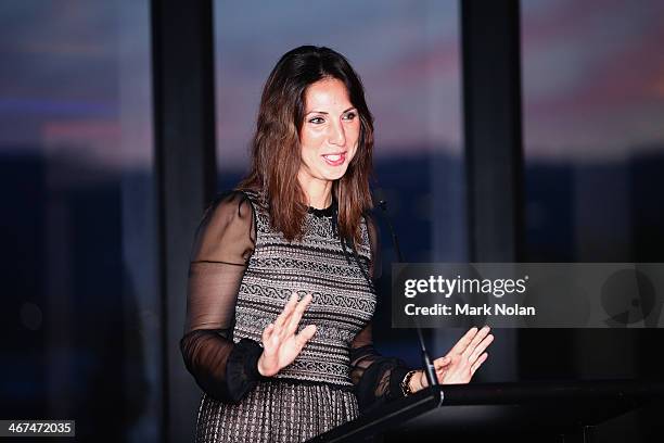 Russian captain Anastasia Myskina presents a speach during the official dinner ahead of the Fed Cup Tie between Australia and Russia on February 6,...