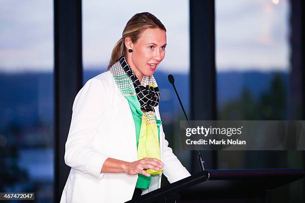 Australian captain Alicia Molik presents a speach during the official dinner ahead of the Fed Cup Tie between Australia and Russia on February 6,...