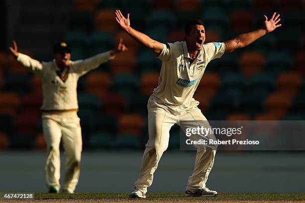 Nathan Coulter-Nile of Western Australia appeals unsuccessfully during day five of the Sheffield Shield final match between Victoria and Western...