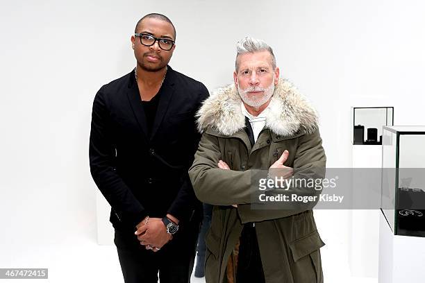 Bernard James and Nick Wooster attend the Dreu & Bernard James presentation during Mercedes-Benz Fashion Week Fall 2014 at Drift Studios on February...