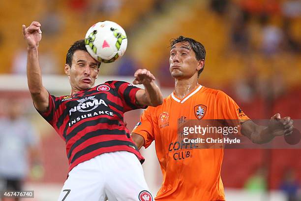 Labinot Haliti of the Wanderers heads the ball during the round 21 A-League match between Brisbane Roar and the Western Sydney Wanderers at Suncorp...
