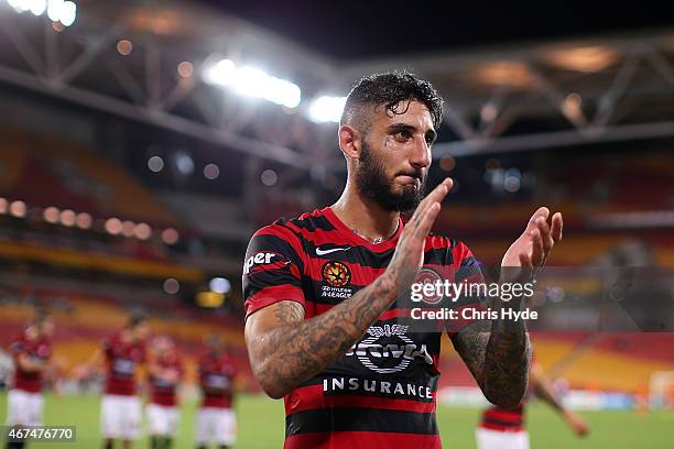 Kerem Bulut of the Wanderers celebrates winning the round 21 A-League match between Brisbane Roar and the Western Sydney Wanderers at Suncorp Stadium...