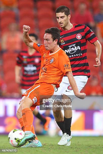 Devante Clut of the Roar kicks the ball during the round 21 A-League match between Brisbane Roar and the Western Sydney Wanderers at Suncorp Stadium...