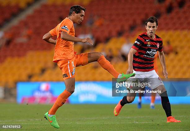 Adam Sarota of the Roar passes the ball during the round 21 A-League match between Brisbane Roar and the Western Sydney Wanderers at Suncorp Stadium...