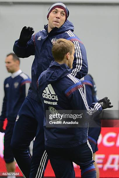 Player of the Russia national soccer team Artem Dzyuba seen during training session of Russian national soccer team at Arena Khimki in Russia, Moscow...