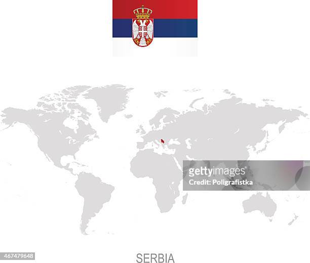 flag of serbia and designation on world map - serbian flag stock illustrations