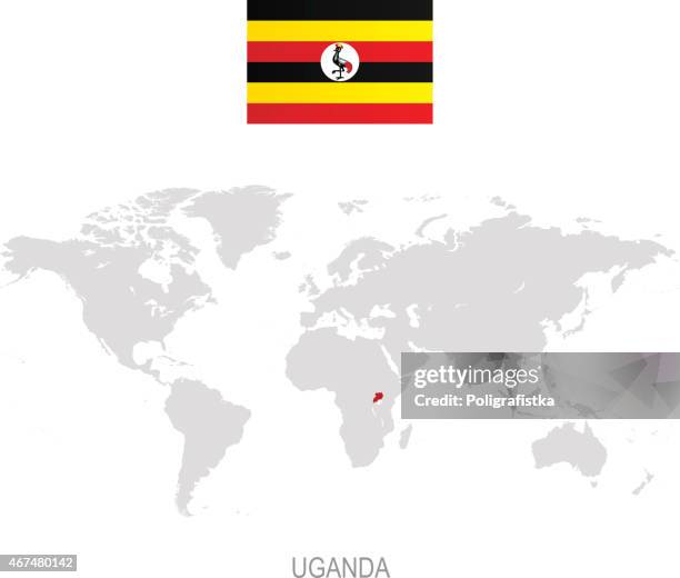flag of uganda and designation on world map - uganda map stock illustrations
