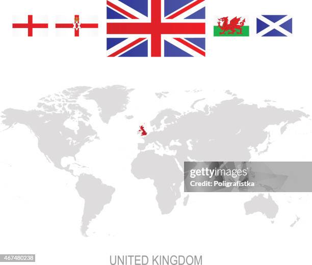 illustrazioni stock, clip art, cartoni animati e icone di tendenza di bandiera del regno unito e designazione sulla mappa del mondo - bandiera inglese