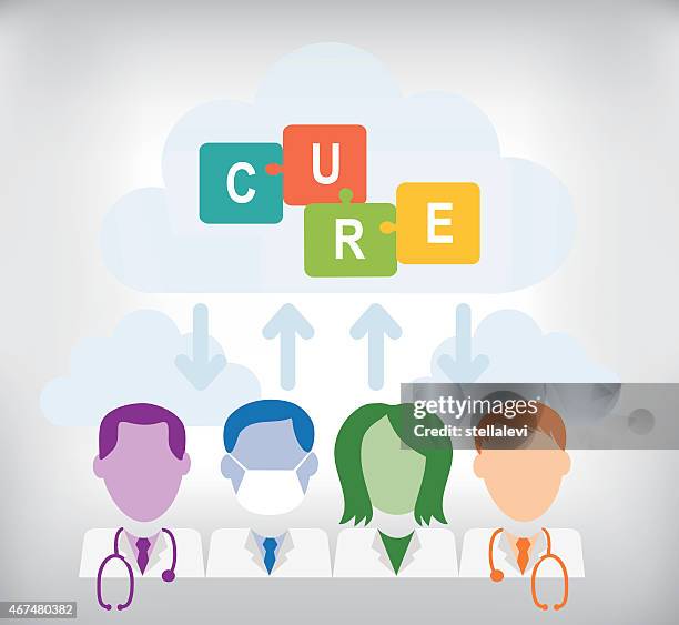 medical team searching for cure and cloud computing - nurses sharing information stock illustrations