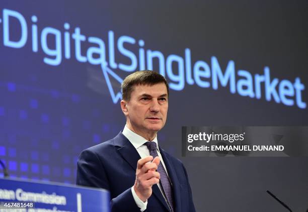 Andrus Ansip, European Commissioner for Digital Single Market, holds a press conference at the European Commission in Brussels, March 25, 2015. AFP...