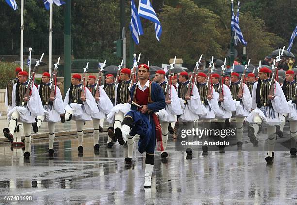 Greek military members march military parade marking Greek Independence Day on March 25, 2015 at Syntagma Square in Athens, Greece.