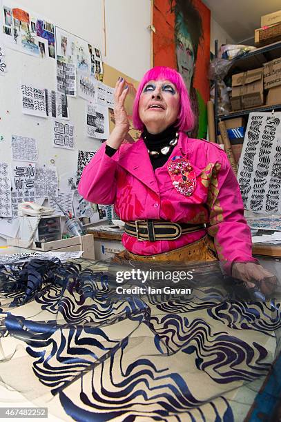 Fashion designer Dame Zandra Rhodes is photographed at her studio for Hello magazine on February 10, 2015 in London, England.