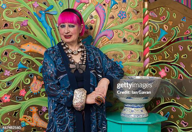 Fashion designer Dame Zandra Rhodes is photographed at hr home for Hello magazine on February 10, 2015 in London, England.