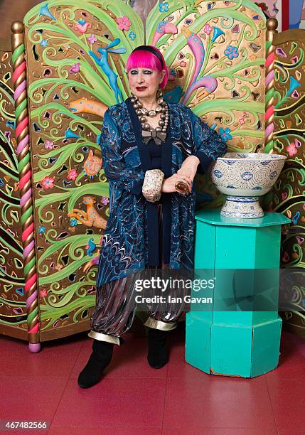 Fashion designer Dame Zandra Rhodes is photographed at hr home for Hello magazine on February 10, 2015 in London, England.