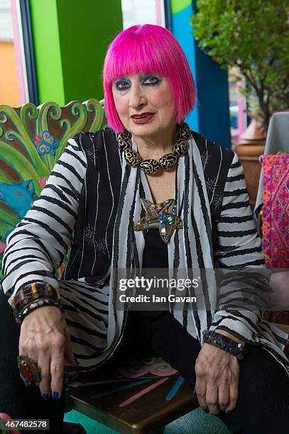 Fashion designer Dame Zandra Rhodes is photographed at hr home for Hello magazine on February 10, 2015 in London, England.