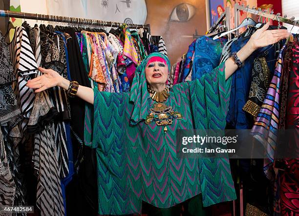 Fashion designer Dame Zandra Rhodes is photographed at hr home for Hello magazine on February 10, 2015 in London, England.