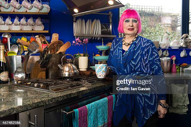 Fashion designer Dame Zandra Rhodes is photographed at hr home for Hello magazine on February 10, 2015 in London, England.