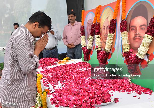 Delhi Chief Minister Arvind Kejriwal pays tribute to Bhagat Singh on the occasion of his martyrdom day at Delhi Vidhan Sabha in New Delhi.