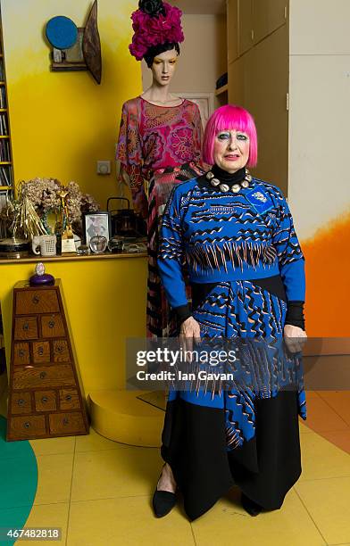 Fashion designer Dame Zandra Rhodes is photographed at hr home for Hello magazine on February 10, 2015 in London, England.