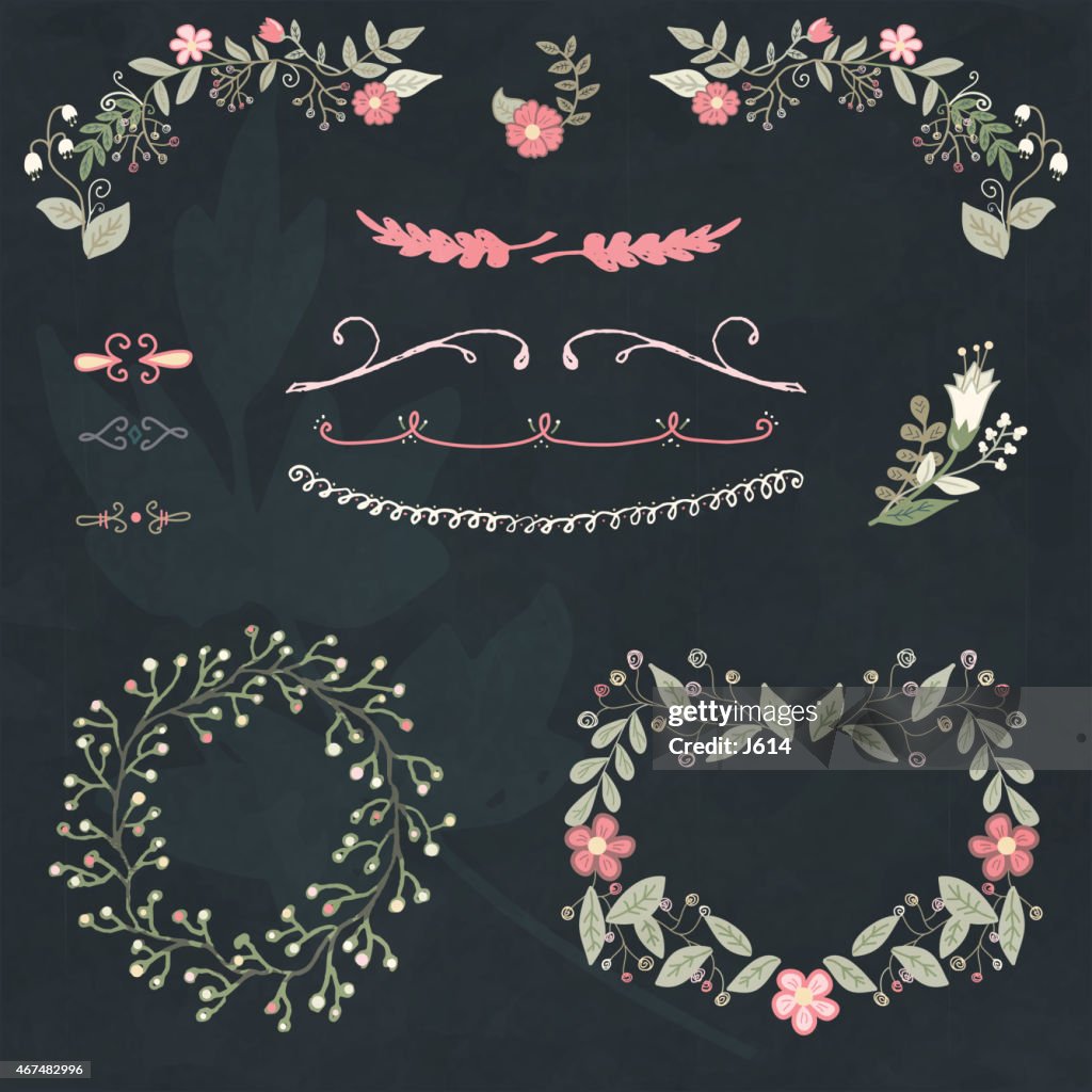 Hand drawn floral design element set