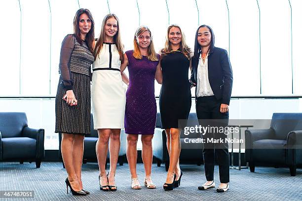 Russian team members Anastasia Myskina, Veronica Kudametova, Irina Khromacheva, Valeria Solovyeva and Victoria Kan pose for a photo before the...