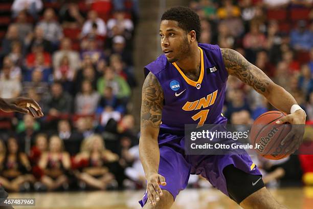 Deon Mitchell of the UNI Panthers in action against the Louisville Cardinals during the third round of the 2015 Men's NCAA Basketball Tournament at...