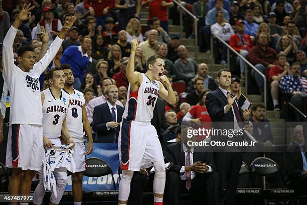 Kyle Wiltjer of the Gonzaga Bulldogs reacts against the Iowa Hawkeyes during the third round of the 2015 Men's NCAA Basketball Tournament at Key...