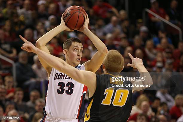 Kyle Wiltjer of the Gonzaga Bulldogs in action against Mike Gesell of the Iowa Hawkeyes during the third round of the 2015 Men's NCAA Basketball...