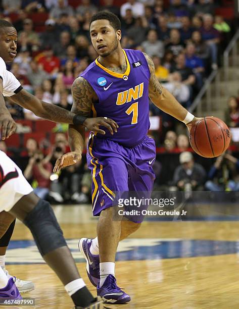Deon Mitchell of the UNI Panthers in action against the Louisville Cardinals during the third round of the 2015 Men's NCAA Basketball Tournament at...