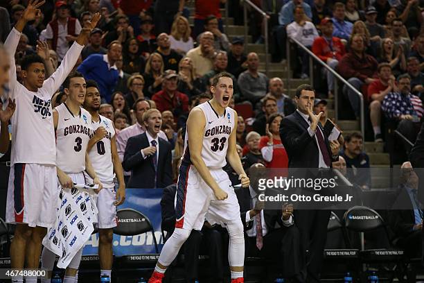 Kyle Wiltjer of the Gonzaga Bulldogs reacts against the Iowa Hawkeyes during the third round of the 2015 Men's NCAA Basketball Tournament at Key...