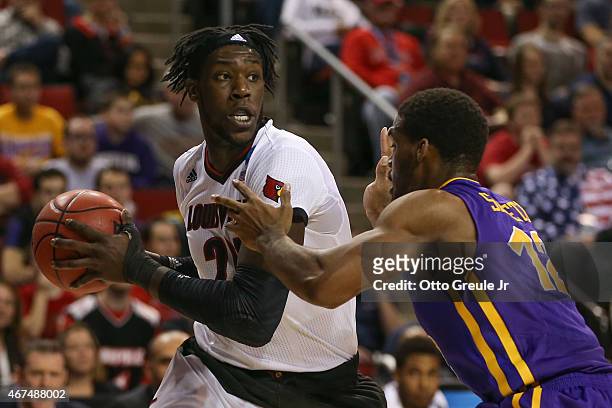 Montrezl Harrell of the Louisville Cardinals in action against Marvin Singleton of the UNI Panthers during the third round of the 2015 Men's NCAA...