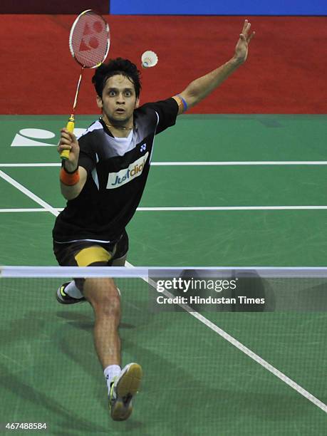 Indian shuttler Parupalli Kashyap in action against HSU Jen Hao of Chinese Taipei in mens singles second round of the Yonex-Sunrise India Open 2015...