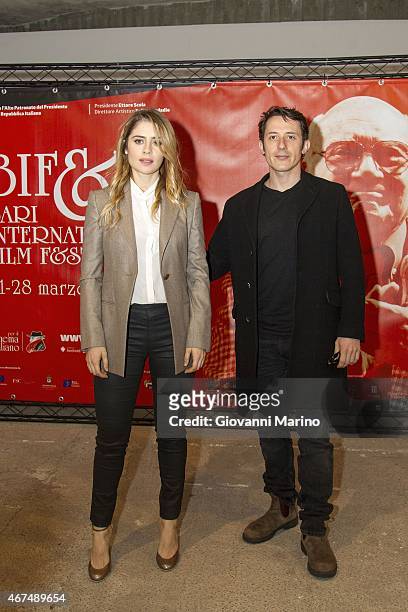 Director Michele Alhaique and actress Greta Scarano attend 'Senza Nessuna Piet' photocall during Bifest 2015 on March 25, 2015 in Bari, Italy.