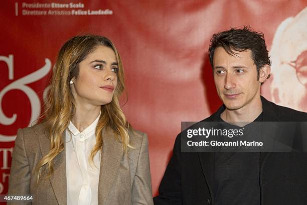 Director Michele Alhaique and actress Greta Scarano attend 'Senza Nessuna Piet' photocall during Bifest 2015 on March 25, 2015 in Bari, Italy.